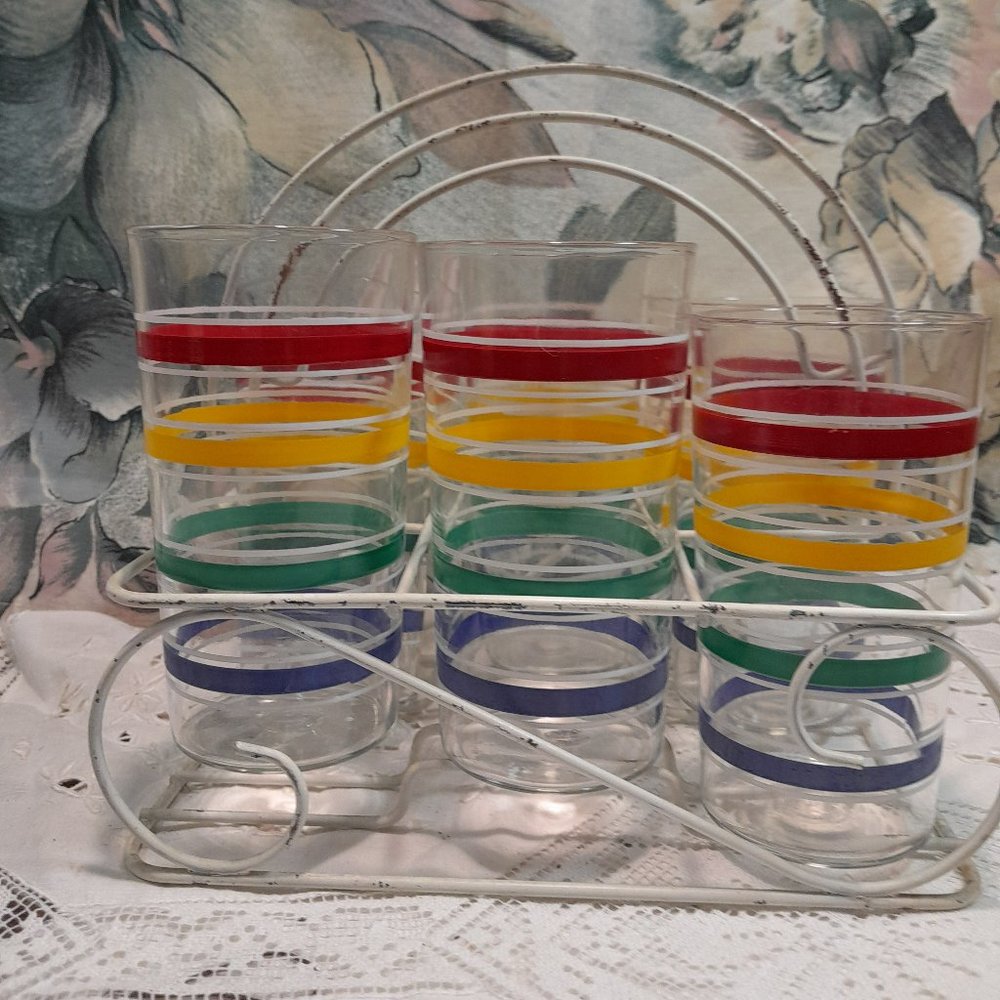Mid-Century Modern Fiesta Style Striped Drinking Glasses - Set of 6 with Holder